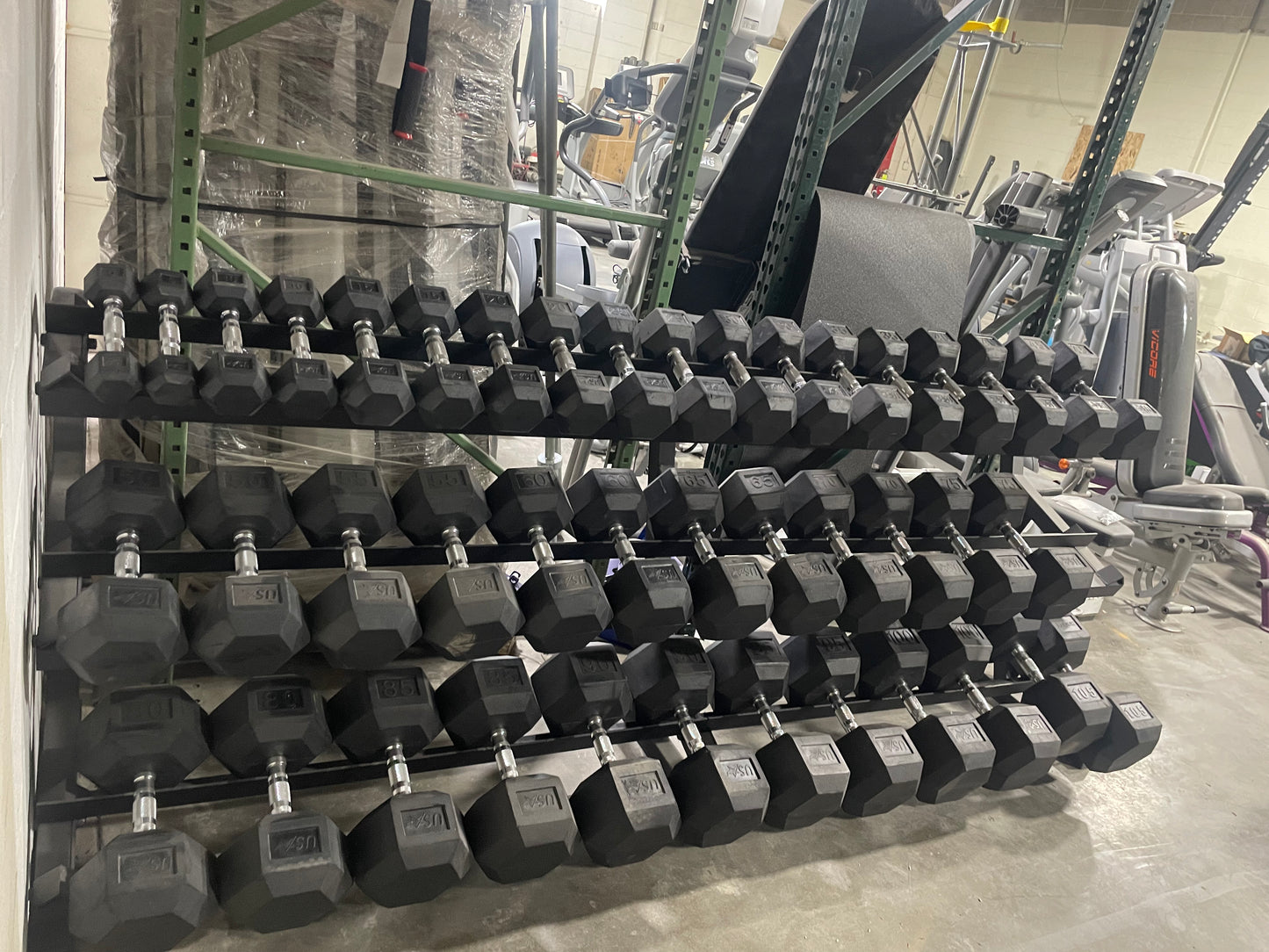 Troy with heavey ROGUE RUBBER HEX DUMBBELLS 5-125lbs w/ Rack