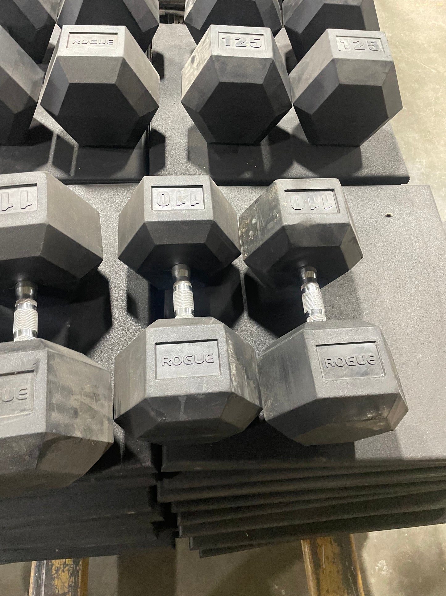 Troy with heavey ROGUE RUBBER HEX DUMBBELLS 5-125lbs w/ Rack