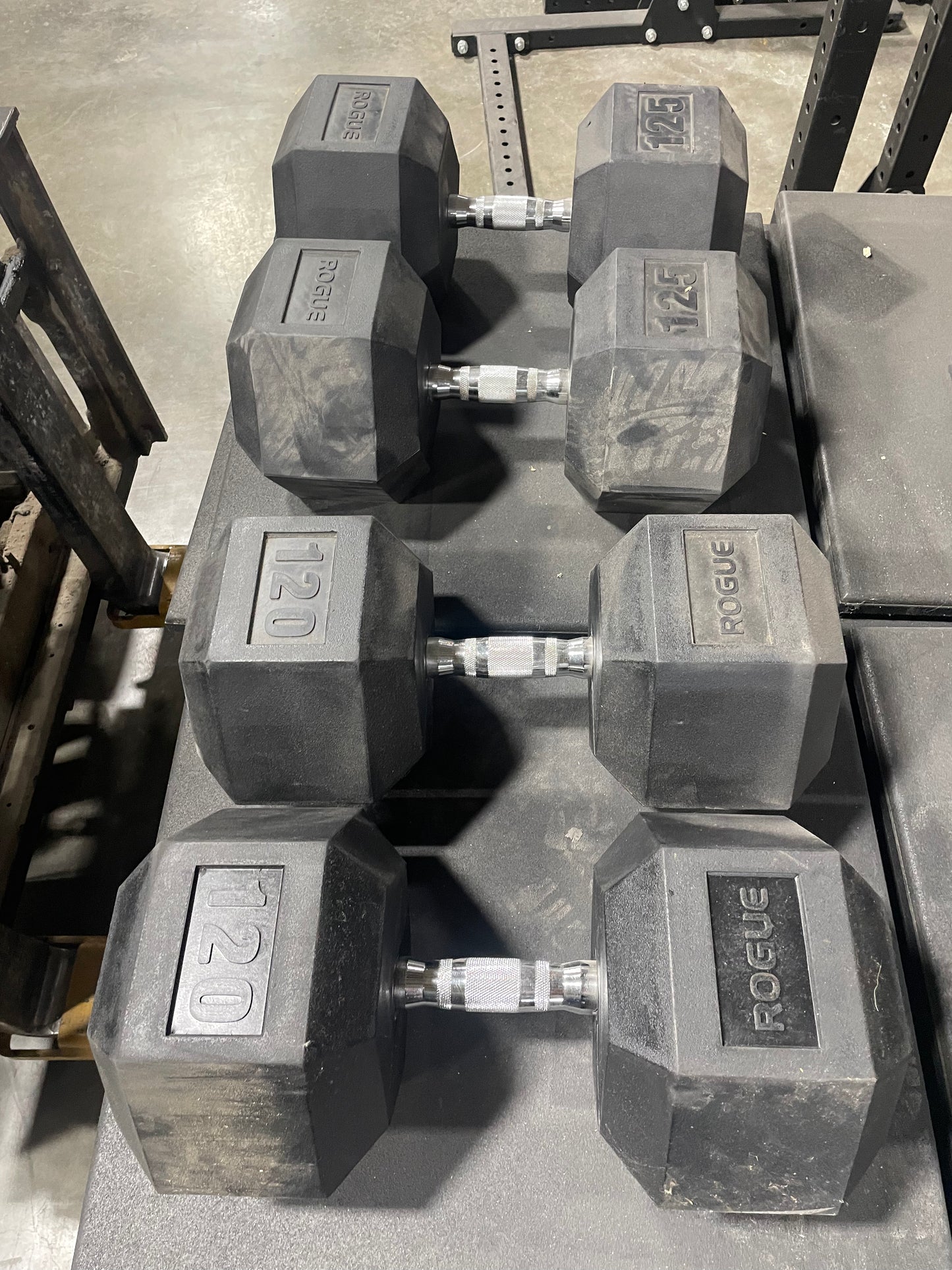 Troy with heavey ROGUE RUBBER HEX DUMBBELLS 5-125lbs w/ Rack