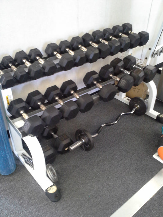 Hex 5-50lb Dumbbells w/ 2 tier rack